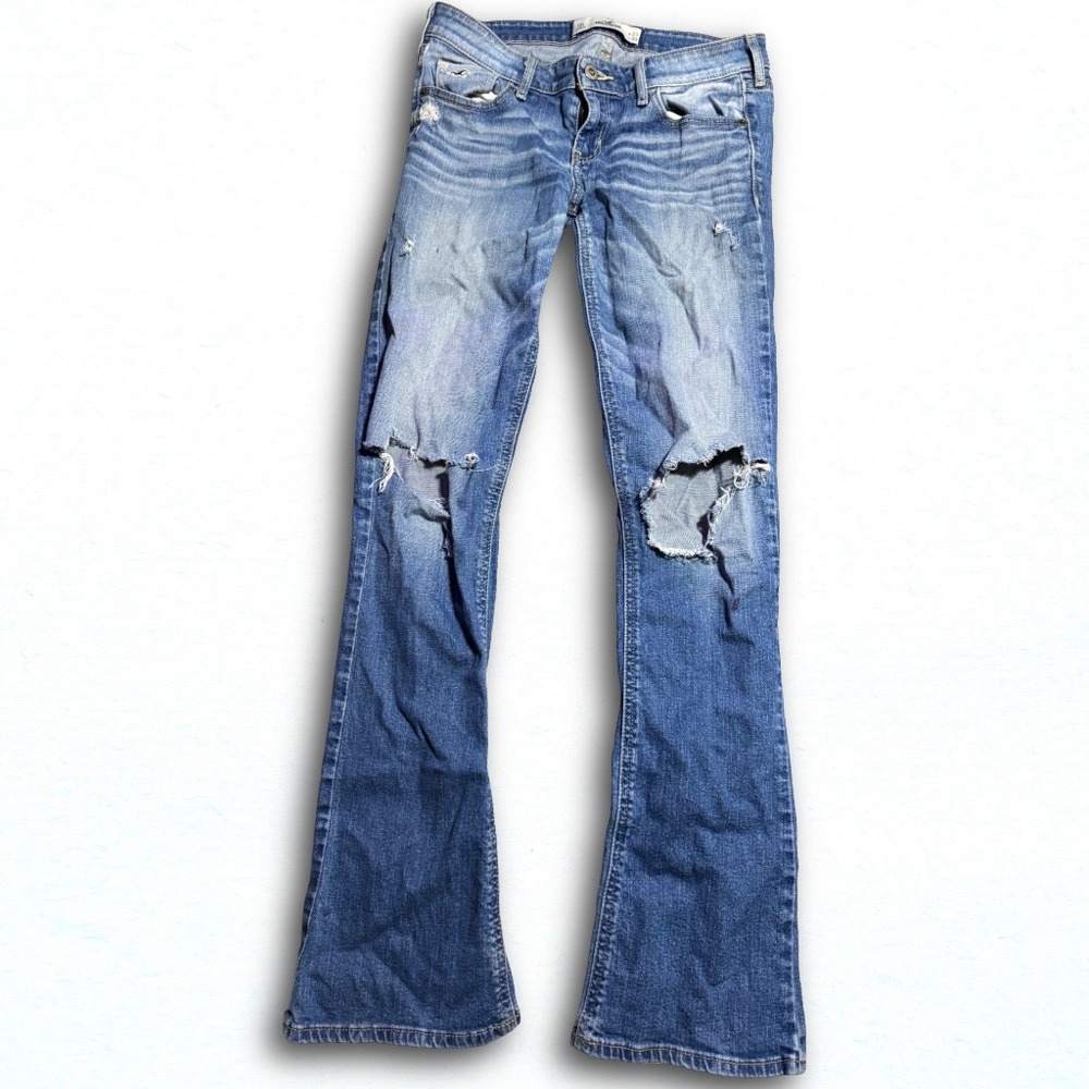 Hollister Low Rise Flare Distressed Jeans W27 L33 Medium Wash Blue Denim 5R